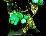 Terrific 1960s Green Charm Bracelet - Cage Style Beads & Jade Plastic Baubles - Goldtone Metal - Secretary Style - Chunky Metal 60s Fad