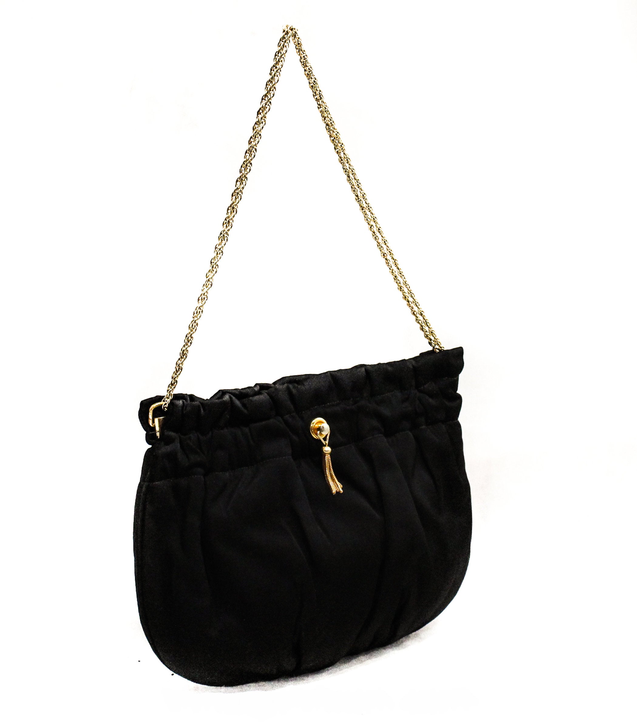 1950s Black Satin Purse - Elegant Evening Bag with Metal Tassels - 50s –  Vintage Vixen Clothing