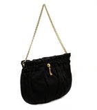 1950s Black Satin Purse - Elegant Evening Bag with Metal Tassels - 50s Formal Handbag with Glam Jewelry Inspired Chain Strap - Hinged Top