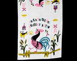 1950s Rooster Dish Towel - 50s Chicken Novelty Print Farm Scene Kitchen Linens - Terrific Pink Blue Green Screen Print - Cow Fence Bird Barn