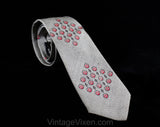 1950s Gray Silk Tie - 50s Red & Black MCM Medallions Print Men's Necktie - Atomic Elegance - Skinny 50's Cravat Titled Francais Moderne