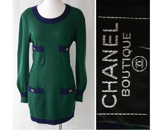 ca. 1990 Chanel Boutique Emerald Knit Mini Dress - Size 10