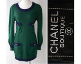 ca. 1990 Chanel Boutique Emerald Knit Mini Dress - Size 10 Designer Green Sheath - 1785 Dollars Original Tag NWT Mint Condition - Bust 36.5