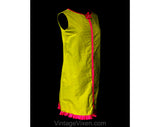 Size 12 1960s Sun Dress & Matching Kerchief - Large Mustard Yellow Cotton with Flamingo Pink Polka Dot - 60s Summer Mod Sheath and Scarf