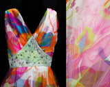 Size 4 Tropical Diva Dress - 1960s 70s Summer Evening Gown - 70s Glam Sleeveless Pink Orange White Floral Chiffon with Posh Beaded Waist