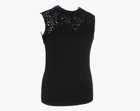 Small 60s Black Knit Top - Dressy Casual Glamour - 1960s Audrey Chic Sleeveless Wool Blouse with Soutache Stitching - Size 6 Bust 38 Inches