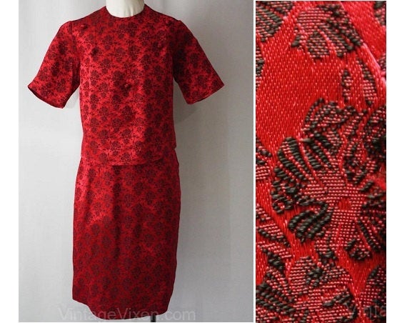 XXS 1960s Rose & Black Satin Brocade Dress - Size 0 - Red Short Sleeve Top and Skirt - Mint Condition - Waist 23 - Deadstock - 36589