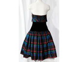 Size 4 Plaid Party Dress - 90s Strapless Velvet & Taffeta Cocktail with Bow - Designer Victor Costa - Black Red Cobalt Blue Green - Bust 33
