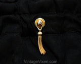 1950s Black Satin Purse - Elegant Evening Bag with Metal Tassels - 50s Formal Handbag with Glam Jewelry Inspired Chain Strap - Hinged Top