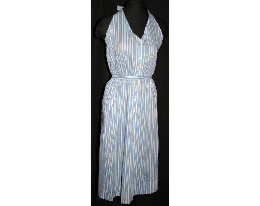 Size 6 Blue Striped 1950s Look Sun Dress - Halter Dress & Matching Scarf - Small - 80s Does 50s - Bust 34 - Mint Condition - 32481-1