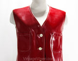 Size 12 Brick Red Vest - Large 1960s Mod Futurist Wet Look Vinyl - 60s Sleeveless Fad Button Front Tunic - White Top Stitching - Bust 38