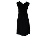 Size 8 Black 1960s Audrey Dress - Sleeveless Crepe Minimalist Cocktail & Glittering Pink Rhinestone Brooch - Mod 60s Party Chic - Bust 36.5