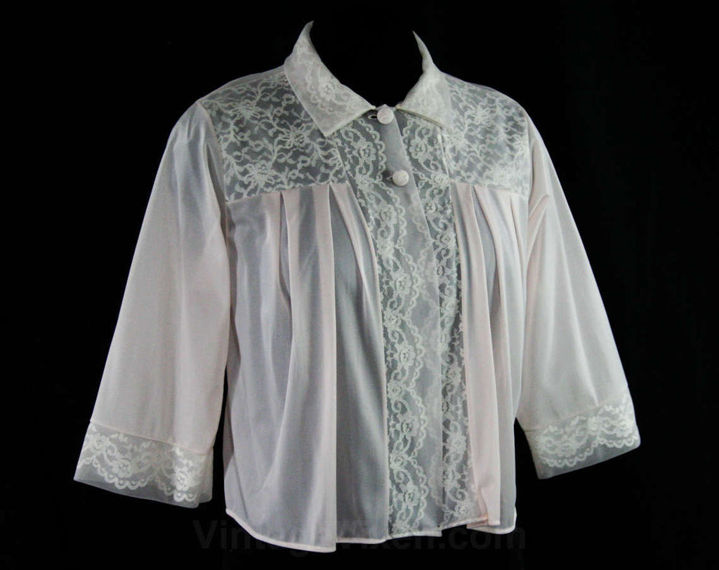 Size 10 Boudoir Bed Jacket - Sheer Pink Tricot over Lace - 50s 60s Lingerie Bedjacket - Henson Kickernick - Medium Sweet Boudoir - Bust 37