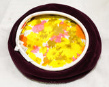 Ladies Plum Purple Velvet Hat - 60s Designer Adolfo II - Beret Tam Style Flat Cap with White Leather Trim - Mod Plush 1960s Paris New York