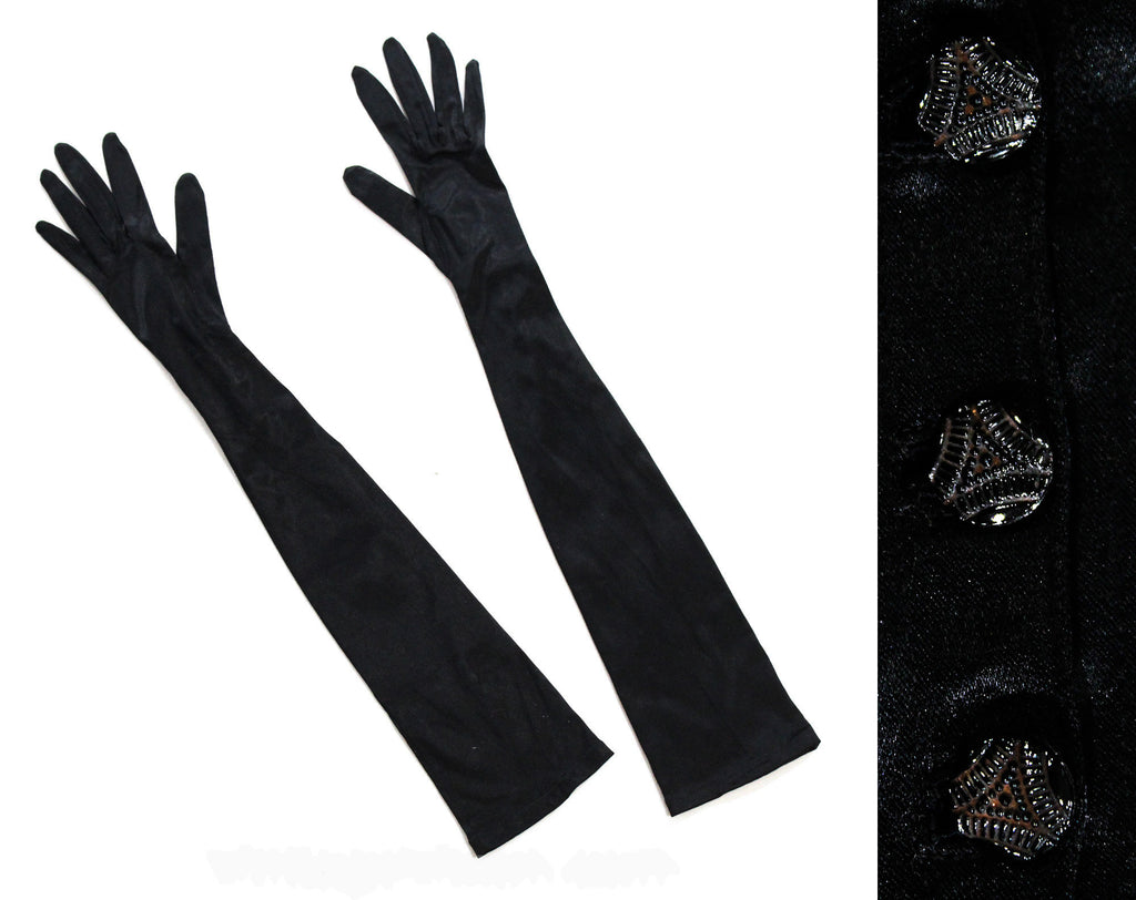 Long Black Gloves - Victorian Inspired Satin Stretch Knit Gloves - To The Elbow Opera Length 1950s - Deco Antique Glass Buttons At Wrist