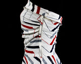 XS 1940s Deco Sun Dress - Size 2 Strapless Summer Full Skirted Frock - Geometric Striped Red, Navy Blue & Gray on White Cotton - Bust 31.5