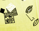 Surreal Print Fabric - 1.5 Yards 1980s Eyes & Lips Novelty Print Yellow Cotton Blend - New Wave 80s Street Chic - Cute Summer Dress Fabric