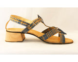 Size 7 Madras Plaid Sandals - 1950s Blue Summer Shoe - 50s Preppie Beach Resort Casual - Preppy - Wooden Heel - As Is Deadstock - 36881-1