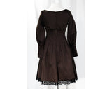 Size 8 Chocolate Satin Dress with Lace Hem - Romantic 1960s Haute Quality Cocktail Formal - Ballerina Silhouette - Antique Sleeve - Bust 36