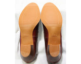 Size 7 W Leather Shoes - Beautiful Quality Pumps - Fine Oxblood Brown Leather - Brass Studs & Bow - Stacked Wood Heels - Preppy Deadstock