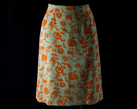 Size 4 Orange Floral 60s Office Skirt - Secretary Chic - Flocked Flowers - Beige Linen - Small 1960s Summer Tailored A-Line Style - Waist 25