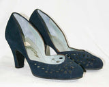 Size 5 1940s Shoes - Navy Blue Suede Pumps with Snowflake Cutwork - 40s Pumps - Deadstock - Glamour Girl - Excellent Condition - 40272-1
