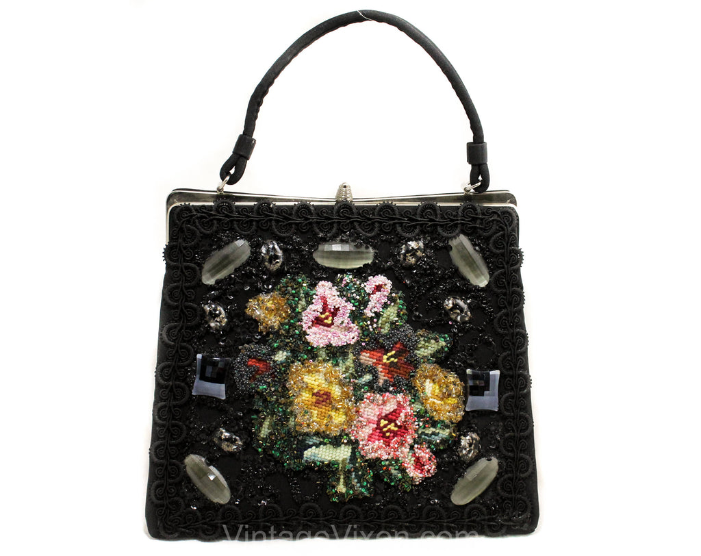 1950s Bead Collage Handbag - Needlepoint Flowers Kitsch 50s 60s Purse - Collectable Black Taffeta Bag with Marbled Glitter Cabochons