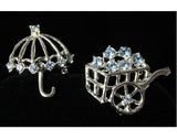 April Showers & May Flowers Scatter Pin Set - 60s Umbrella and Flower Cart Rhinestone Brooches - Preppie 60s Spring Pair - Light Blue Silver