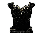 Size 8 Amazing 1950s Dress - Marilyn Bombshell 50s Black Velvet Fitted Cocktail with Pearls, Rhinestones & Dangling Beading - Waist 27