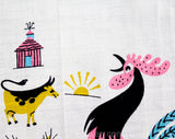 1950s Rooster Dish Towel - 50s Chicken Novelty Print Farm Scene Kitchen Linens - Terrific Pink Blue Green Screen Print - Cow Fence Bird Barn