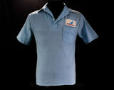 Men's XS Polo Shirt - 70s Mens Piedmont Airlines Logo Summer Top - 1970s Airport Airplanes - Sky Blue Cotton - Short Sleeve - Chest 36