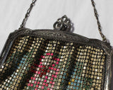 1920s Flapper Purse - Authentic Antique Whiting & Davis Metal Mesh Bag - Art Deco 20s Handbag - Pink Blue Green Floral with Chain Strap