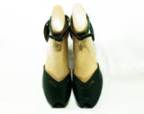Size 8 1940s Green Shoes - 40s Peep Toe Heel with Sexy Ankle Strap - Emerald Hunter Forest - 8A Narrow Width Swing Era Pumps - NOS Deadstock
