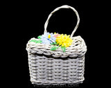 Little Girl's 1960s Box Purse - White Summer Wicker Style 50s 60s Children's Handbag - Pastel Pink Blue & Yellow Plastic Flowers - Doll Size