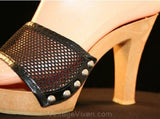 Size 7 Shoes - Vintage Vixen 1960s Black Mesh & Studded Sandals - Sexy 60s Casual Shoe - Fish Net Mesh Summer Chic Heels - 7B - 32338-1