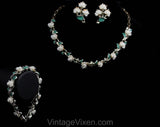 White Roses Jewelry Set - 50s Necklace Bracelet Earrings - Sweet Feminine Spring Summer 1950s 1960s - Jade Green Painted Leaves - 50579