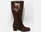 Size 6 Hipster 60s Boots - Brown Waterproof Rubber - Sophisticated 1960s 1970s Pirate Style Big Buckles - Fleece Lined Unworn - Deadstock