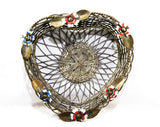 1950s Tole Basket with Heart Shape & Sweet Flowers - Shabby 40s 50s Silver Metal Hand Woven Decorator Container - Red Blue White Hand Paint