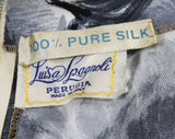Size 12 Italian Silk 1950s Dress - Black Gray & White Floral Silk by Luisa Spagnoli - Painted Style Flowers - Swag Drape Wrap Bodice - NOS