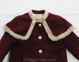 Size 6 Girl's Winter Coat - Victorian Inspired Burgundy Overcoat - Child's Size Retro Tailored Outerwear - Faux Fur with Shoulder Cape