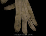 1930s Leather Gloves - Taupe Light Brown Suede 30s Pair of Gloves with Classic Stitched Points - Early Plastic Snaps At Wrist - 50306