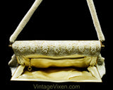 Rich 1950s Beaded Evening Bag - White & Ivory Beadwork Formal Purse with Leaf Pattern - 50s 60s Handbag with Bead Strap - Made in Hong Kong