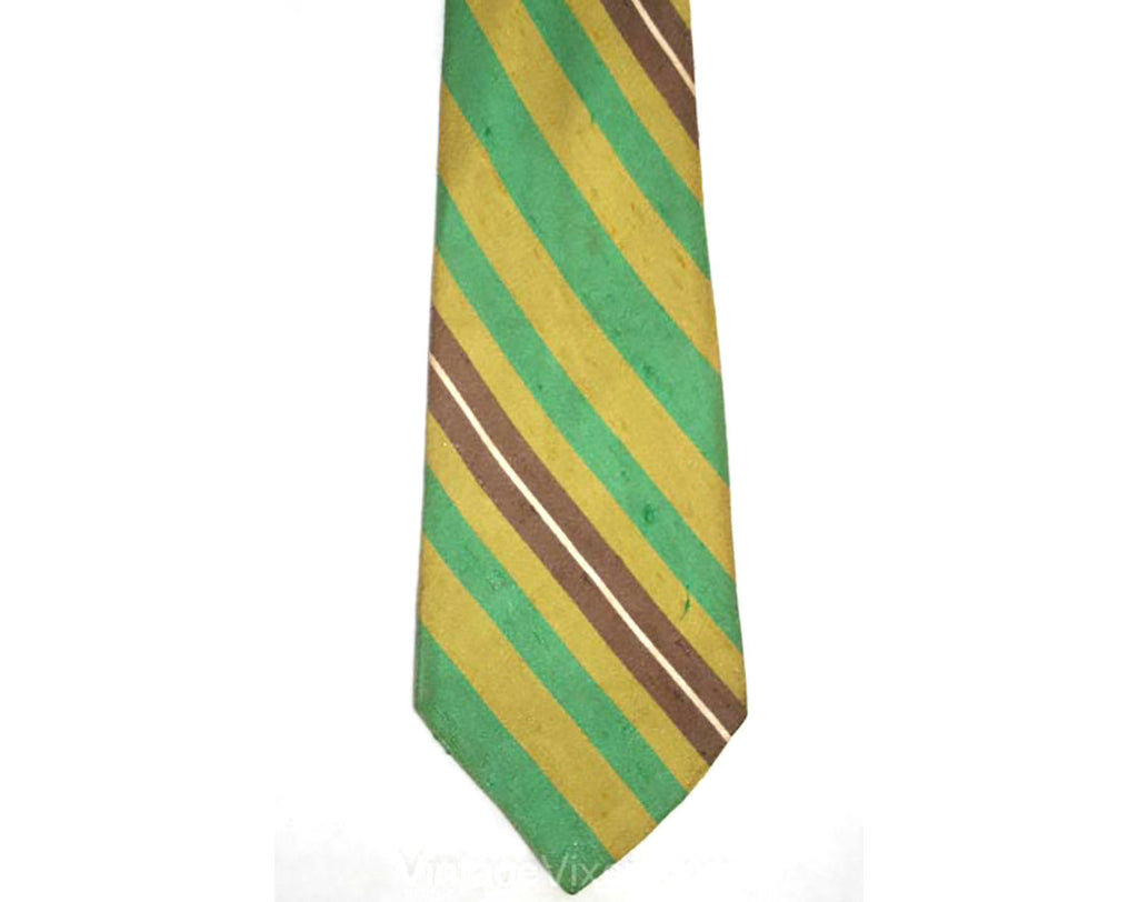Men's 1960s Tie - Striped Chartreuse & Cocoa Raw Silk Tie - Lime Green Golden Yellow Brown - Diagonal Stripes - Late 60s Early 70s - 32729-1