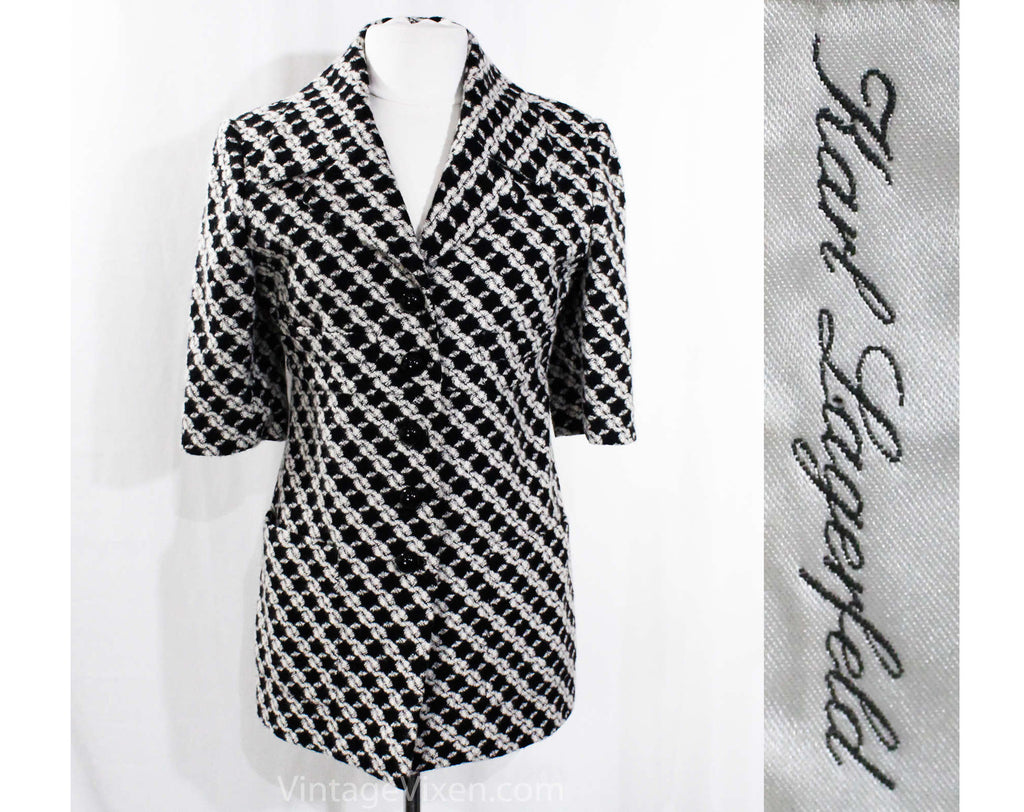 Size 4 Karl Lagerfeld Jacket - 90s Black & White Wool Hip Length Blazer - 1990s Designer Label Made in France - Half Sleeves - Bust 36