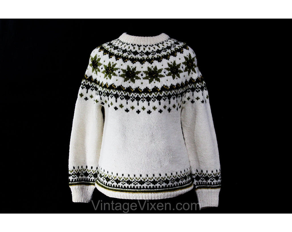 Size 8 Norwegian Pullover Sweater - Hand Knitted Sage Green & Ivory Daisy Motif 1960s Folk Style Medium Jumper - Made in Norway - Bust 39