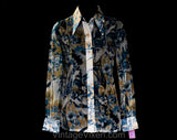 Size 4 Sheer Shirt - 1970s Novelty Print Scenic Blouse - 70s Blue Floral Casual Long Sleeve Top - Fancy Facades - NWT Deadstock - Bust 34.5