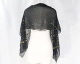 50s Polka Dot Scarf - Metallic & Black Sheer Chiffon Long Rectangular Wrap - Gold Bronze Brown Rayon - 1950s 1960s Pin-Up Girl Bobby Soxer