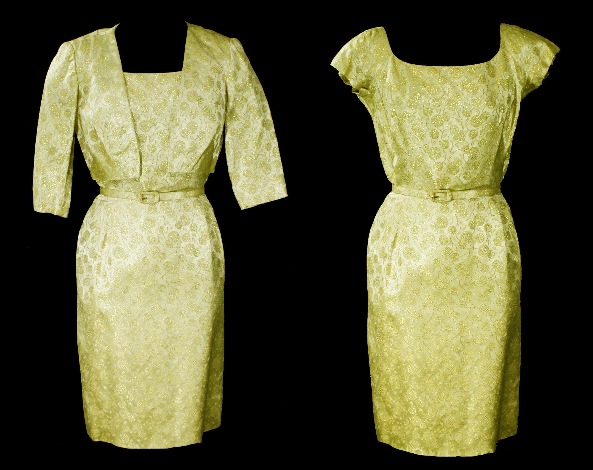 Size 4 1950s Gold Cocktail Dress & Jacket - Sexy 50s Bombshell Wiggle Vintage Vixen Clothing Size 4 1950s Gold Cocktail Dress & Jacket - Sexy 50s Bombshell Wiggle Vintage Vixen Clothing