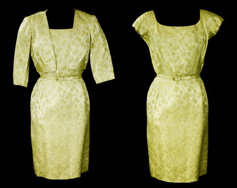 Size 4 1950s Gold Cocktail Dress & Jacket - Sexy 50s Bombshell Wiggle Worthy Sheath - Metallic Orbs Brocade - Original Belt - Waist 25.5