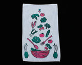 1950s Kitchen Towels - Set of THREE - Kitsch Salad Bowl Graphic - Mid Century Pink & Turquoise Blue 50s Terrycloth - 3 Matched Pcs - 46460